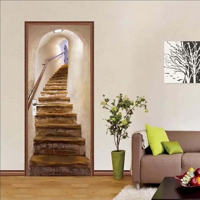 3D Door Stickers Murals - Stairs - Peel & Stick - Waterproof & Washable - Beige - Modern Style - Door & Wall - 2 Pack - 30.3" x 78.7" by GreenHaven Gardens