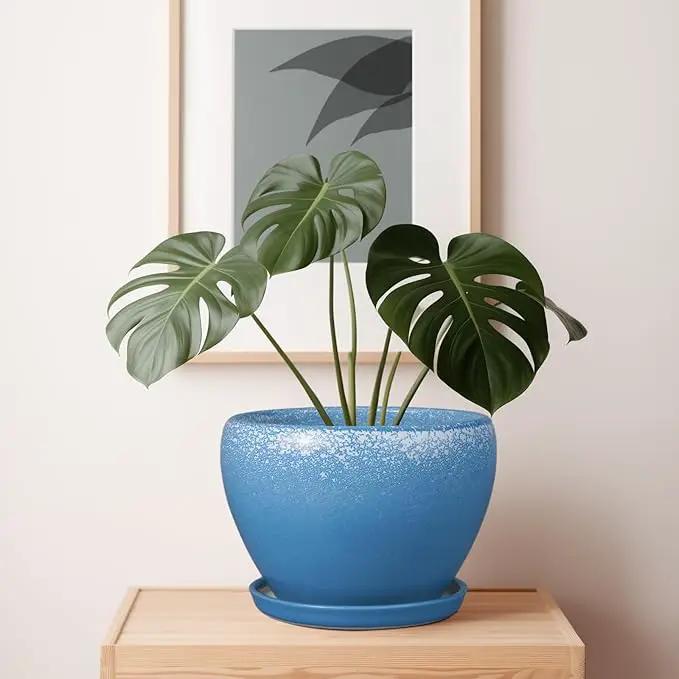 Ceramic Planter Pot 10 Inch - Ceramic Plant Pot for Indoor Outdoor Plants, Large Flower Pot with Drainage Hole and Saucer, Blue by GreenHaven Gardens