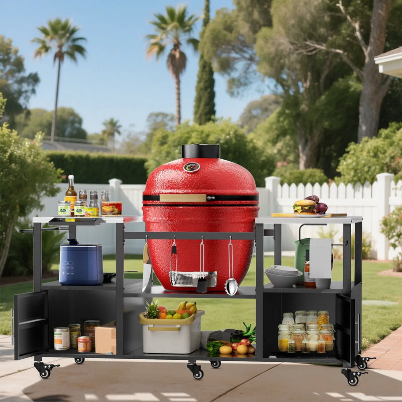 Outdoor Grill Table For Big Egg Style Bbq With Metal Grill Cart And Storage Box And Metal And Stainless Steel - Black / Silver by HouseOfZazla