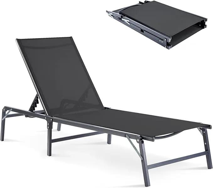 Outdoor Chaise Lounge Chair, Foldable & Assemble-Free, 6 Adjustable Positions, Durable Rust-Resistant Frame, Portable Outdoor Pool Lounge Chairs for Pool Patio Beach, Black by GreenHaven Gardens
