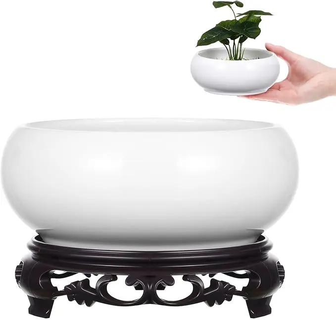 Ceramic Chinese Pot with Base White Water Lily Bowl 6Inch Porcelain Lotus Pot Jardiniere Planter Oriental Fish Bowl Bonsai Vase by GreenHaven Gardens