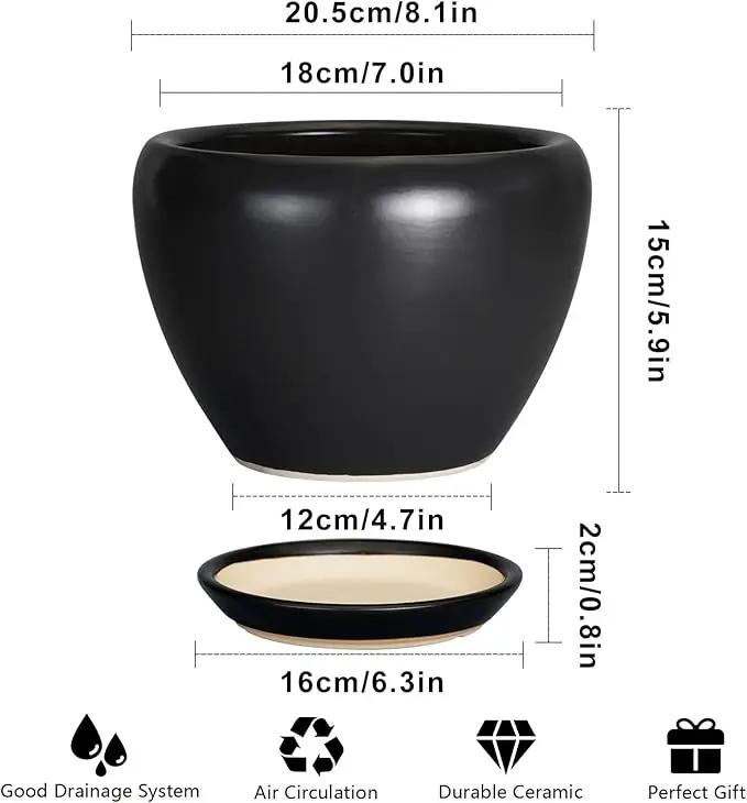 Ceramic Planter Pot - 8 Inch Plant Pot with Drainage Hole and Saucer Round Planter for Indoor Plants Modern Outdoor Flower Pot for House Balcony Black by GreenHaven Gardens