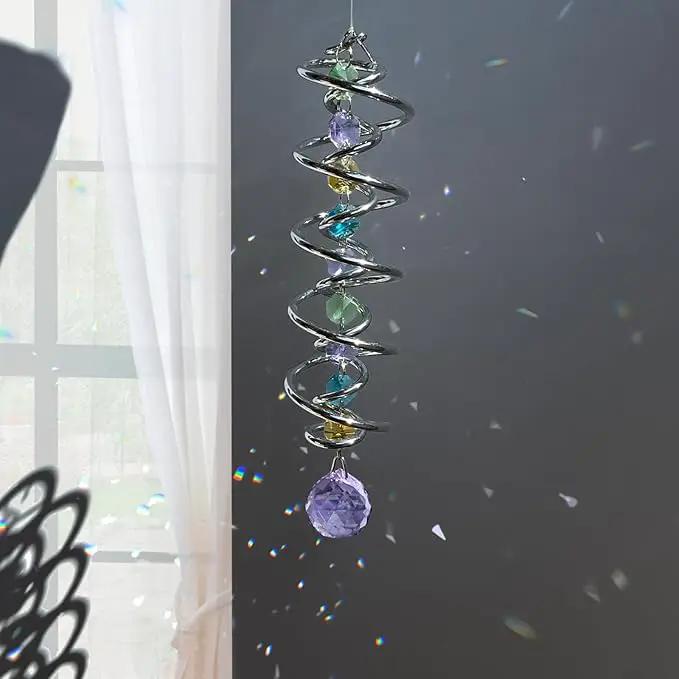 FONMY Gazing Ball Spiral Tail -Decorative Wind Spinner Sun Catcher Rainbow Maker Double-Spiral W/Purple Crystal Ball and Chain Crystals for Indoor Outdoor Garden Decoration -14 inch Height by GreenHaven Gardens