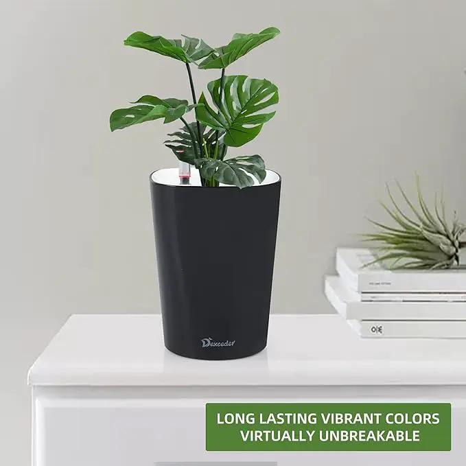 Dexceder 6x7 Self Watering Planter Indoor Outdoor, High Gloss Table Flower Plant Pot with Water Level Indicator (Black) by GreenHaven Gardens