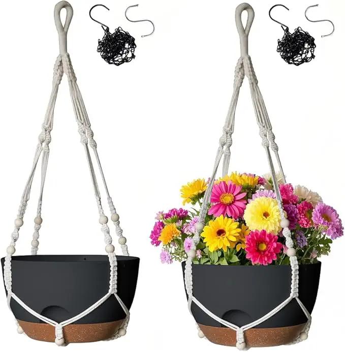 12 Inch Hanging Baskets for Plants Outdoor, Hanging Planters for Indoor Outdoor Plants, Hanging Planter with Self Watering, Hanging Flower Pots (Black Planter with Macrame + Iron Hangers) by GreenHaven Gardens