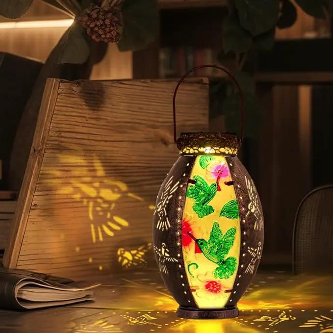 Starsoul Hummingbird Solar Lantern Stained Glass & Metal Outdoor Lantern Waterproof Hummingbird Hanging Metal Decorative Lights for Patio Table Garden Pathway Yard by GreenHaven Gardens