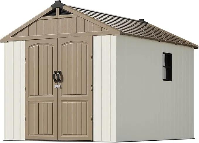 Patiowell 8 x 10 FT Resin Outdoor Storage Shed with Floor, Plastic Shed with Window and Lockable Door for Garden, Backyard, Tool Storage Use, Easy to Install in Brown (Kick-it Shed) by GreenHaven Gardens