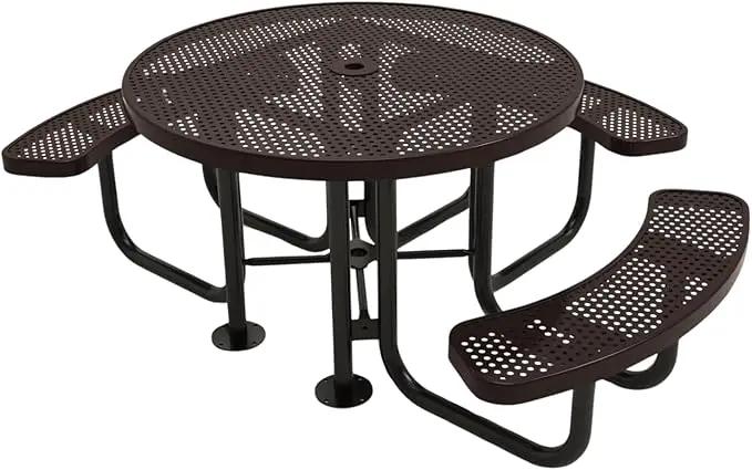 Heavy-Duty Portable Outdoor Picnic Table with Umbrella Hole, Punched Steel Patio Dining Furniture Made in America (46" Round Top, Brown) by GreenHaven Gardens
