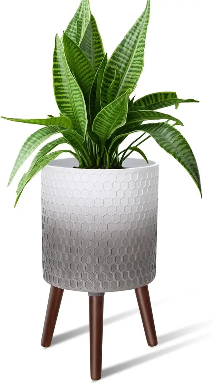 12 Inches Indoor Plant Pot with Walnut Color Stand Honeycomb Embossed Flower Pot with Drainage Holes Large Modern Planters for Indoor Plants-Gradient White Gray by GreenHaven Gardens