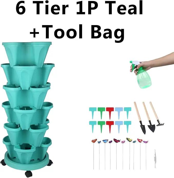 Vertical Planter, 6 Tier Stackable Strawberry Planter with Garden Tool Set, Movable Indoor/Outdoor Garden Herb Pot for Growing Vegetables and Succulents, Teal by GreenHaven Gardens