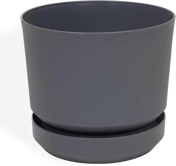 Elly Décor 8 inch Plastic Cylinder Planter Pot with Self-Watering Saucer and Drainage Hole,Lightweight & Extremely Durable, 8"x 8", Gray by GreenHaven Gardens