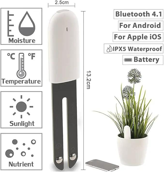 Soil Moisture Meter 4 in 1,Plant Water Monitor,Automatically detect Moisture/Temperature/Light/Fertility,Can Connect to Mobile Phone via Bluetooth,Hygrometer Sensor for Indoor Plants (1pc) by GreenHaven Gardens