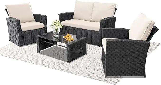 4 Piece Outdoor Patio Furniture Set,Wicker Conversation Sets Outdoor Sectional Patio Sofa Couch with Cushions & Coffee Table for Outside, Garden, Balcony, Porch,Black/Beige by GreenHaven Gardens
