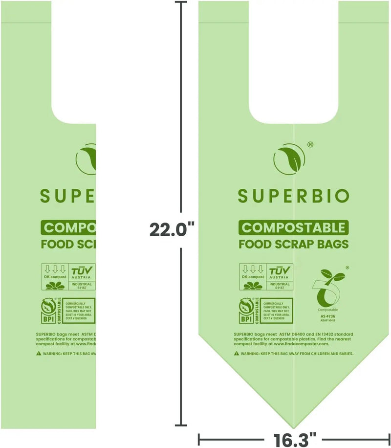 SUPERBIO 2.6 Gallon Compostable Bags, 100 Count, 2 Pack, 9.84L, Handle Tie Food Waste Bags, BPI and OK compost INDUSTRIAL Certified by GreenHaven Gardens
