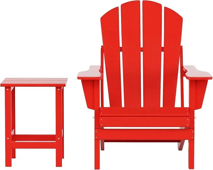 WO Home Furniture Adirondack Chair Table Set of 2 PCS Outdoor Folding Chair w Side Table Weather/UV Resistant for Lawn, Garden, Bon Fire, Balcony (Red) by GreenHaven Gardens