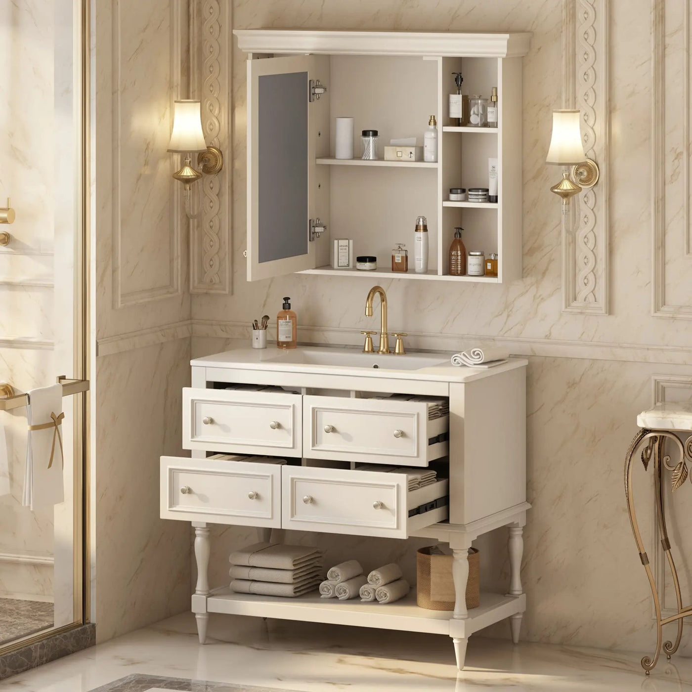 Bathroom Vanity With Medicine Cabinet, Storage Cabinet With 4 Drawers, Adjustable Shelf Mirror by HouseOfZazla