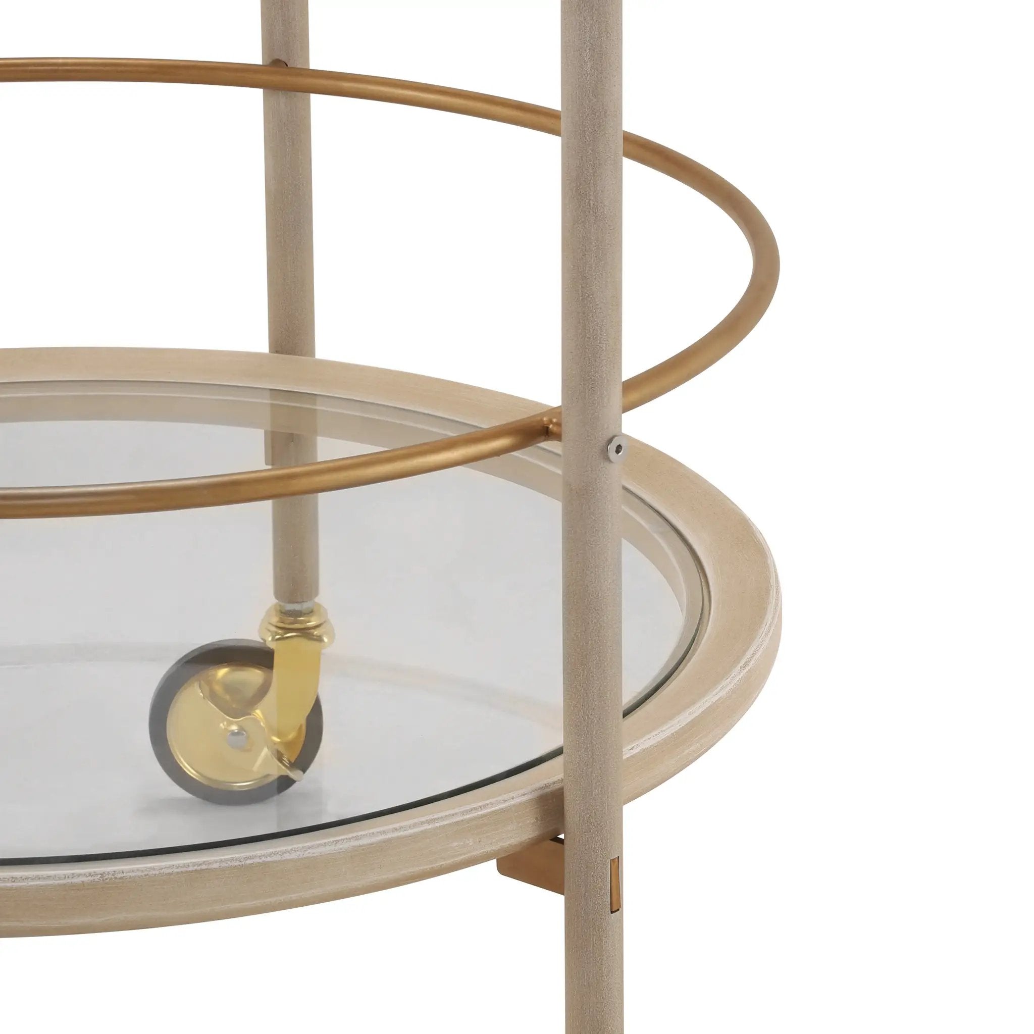 Round Bar Cart with Tempered Glass Shelves and Gold Accents by HouseOfZazla