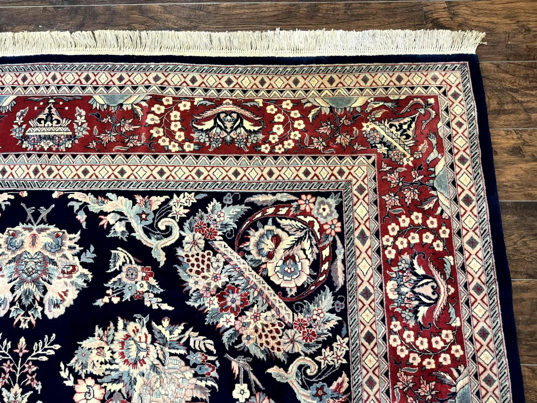 Sino Persian Rug 8x10, Floral Kirman Carpet, Navy Blue and Red, Floral Vases, Handmade Vintage Wool Carpet, 320 KPSI by Jewel Rugs