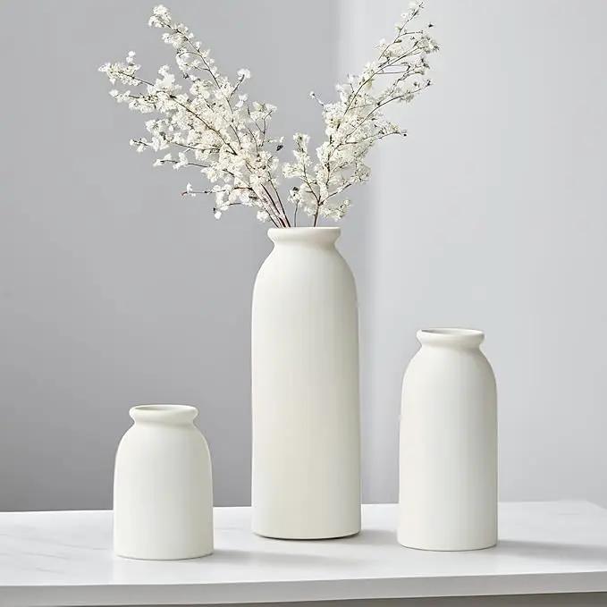 Ceramic Vase Set-3, Small Flower Vases for Decor, Modern Boho Farmhouse Style, Decorative Shelf Vases for Pampas Grass & Dried Flowers, Distressed Finish (White) by GreenHaven Gardens