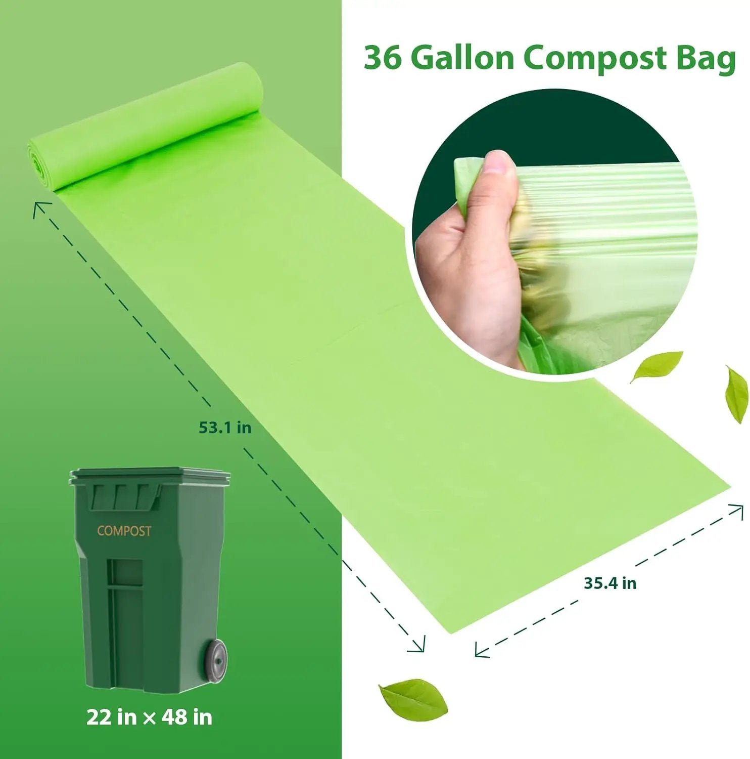 Compostable 36 gallon Trash Bags, Extra Thick 1.28 Mills, Compost 36 Gal Trash Bags (Kitchen Tall Garbage Bags), Compostable Lawn & Leaf Yard Waste bags,ASTM D6400,Bpi Certified by GreenHaven Gardens