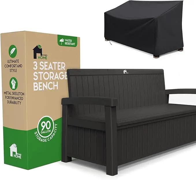 EconoHome 3 Seat Outdoor Storage Bench with Rain Cover - 90 Gallon Capacity - Weatherproof Resin Bench for Patio, Porch, Garden, Yard, Pool Area - Furniture for Pool Accessories, Gardening Tools by GreenHaven Gardens
