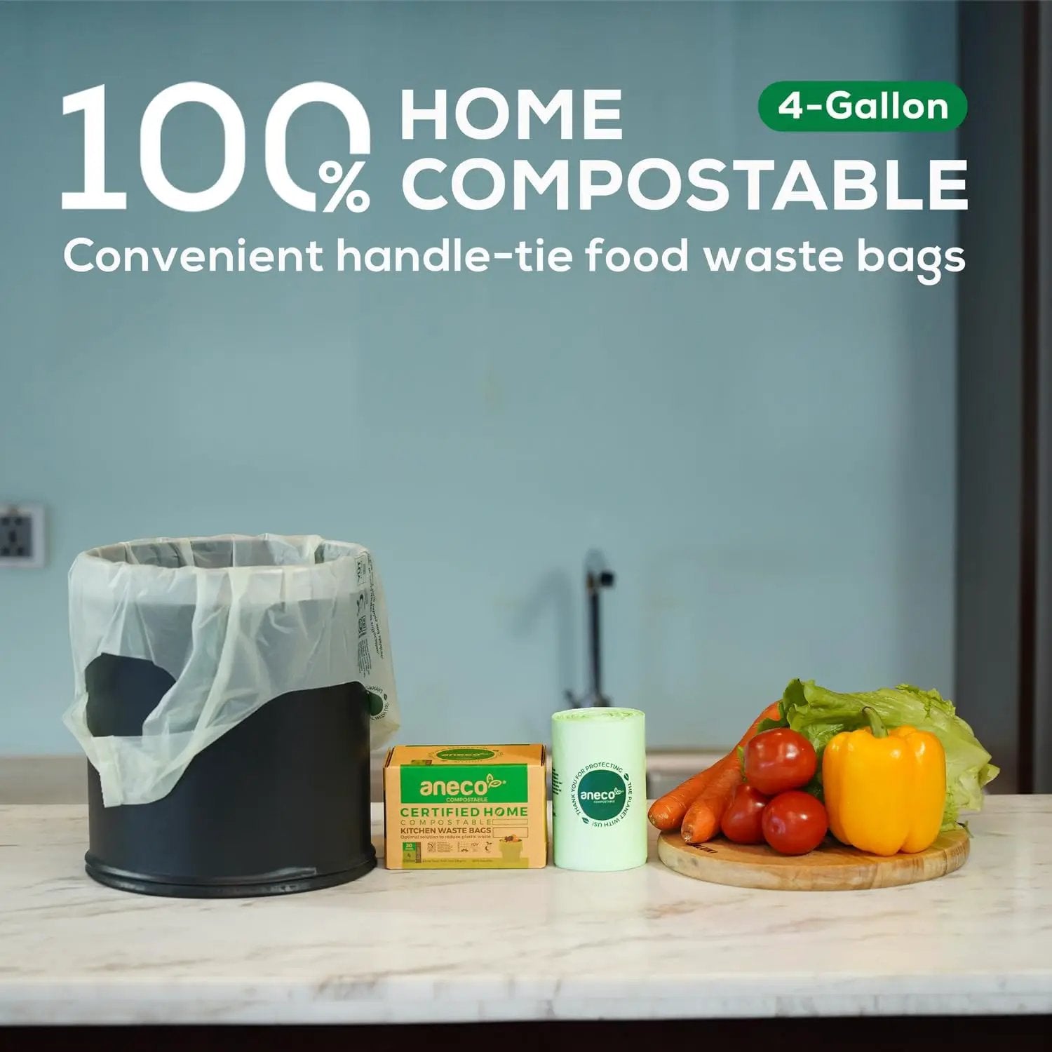 ANECO 4 Gallon Compostable Food Waste Bags with Handles, Extra Thick Compost Bags for Medium Kitchen Garbage/Bathroom Bin, OK Compost HOME & BPI Certified Compostable Bags by GreenHaven Gardens