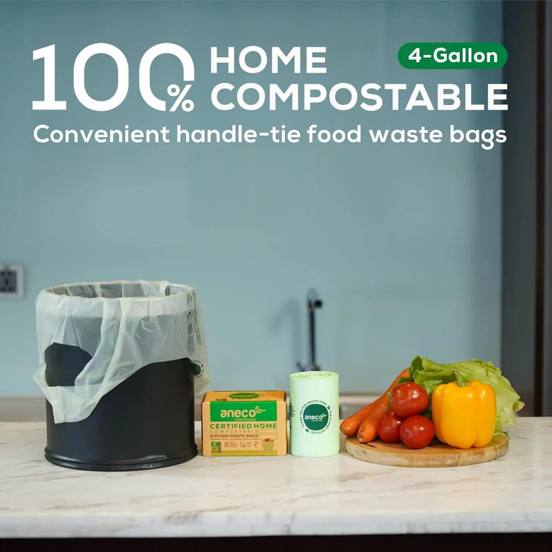 ANECO 4 Gallon Compostable Food Waste Bags with Handles, Extra Thick Compost Bags for Medium Kitchen Garbage/Bathroom Bin, OK Compost HOME & BPI Certified Compostable Bags by GreenHaven Gardens
