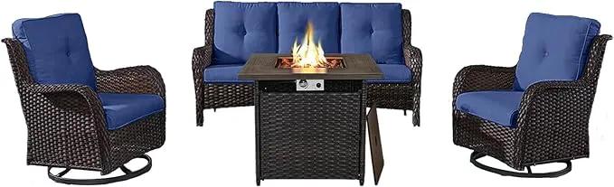 Outdoor Patio Furniture Set with 50000BTU Propane Fire Pit Table, 4 Pieces Wicker Patio Conversation Set with 2 Swivel Rocker Glider Chairs Rattan Sofa Blue Cushion Perfect for Gathering by GreenHaven Gardens