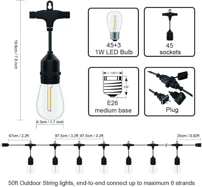 SUFEIMAS Outdoor String Lights LED 150FT with 45 Sockets 48pcs S14 Shattreproof Edison Bulbs,Dimmable LED Outdoor String Lights for Outside, Patio,Backyard, Market, Cafe (3 * 50ft) by GreenHaven Gardens