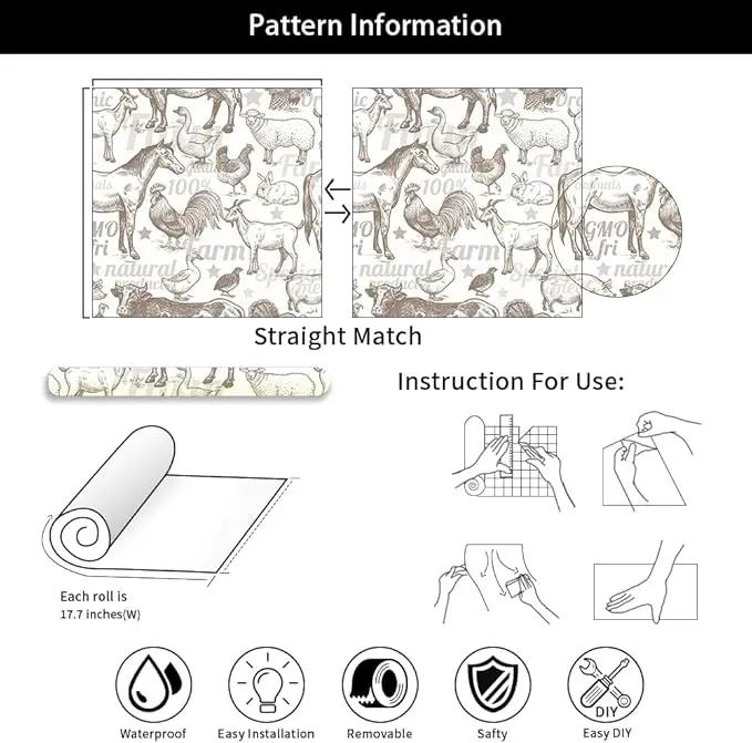 Boho Rustic Farm Animals Cow Rooster Horse Turkey Peel and Stick Wallpaper Self Adhesive Removable Easy Peel Off Stick on Wall Paper for Bedroom Cabinet Renter by GreenHaven Gardens