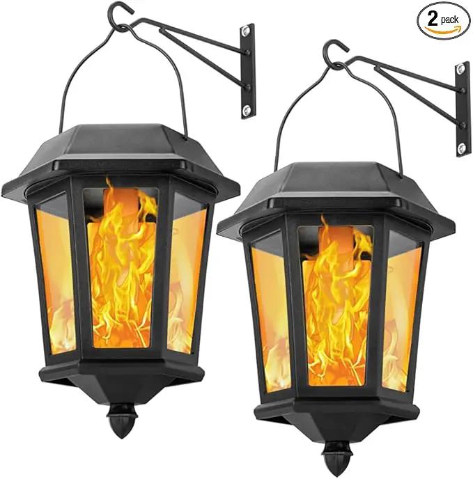 Solar Lanterns Outdoor Waterproof, Hanging Solar Lights with Glass Shade - 2 Pack LED Metal Wall Mount Outdoor Light for Yard/Garden/Patio - Flame by GreenHaven Gardens