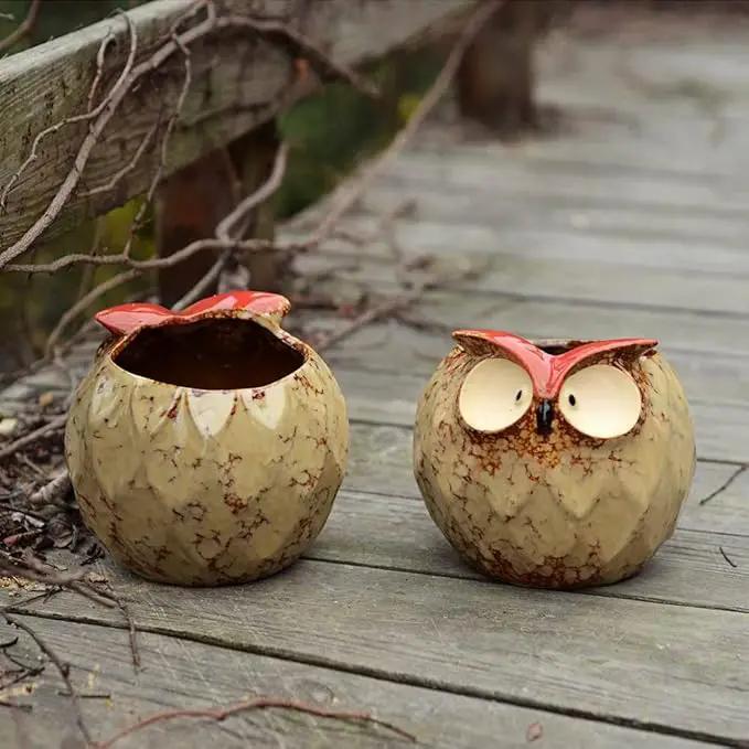 GeLive Owl Planter Ceramic Succulent Plant Pot Fun Animal Flower Container Decoration Tabletop Decor Windowsill Box with Drainage Hole (Round Owl Planter) by GreenHaven Gardens