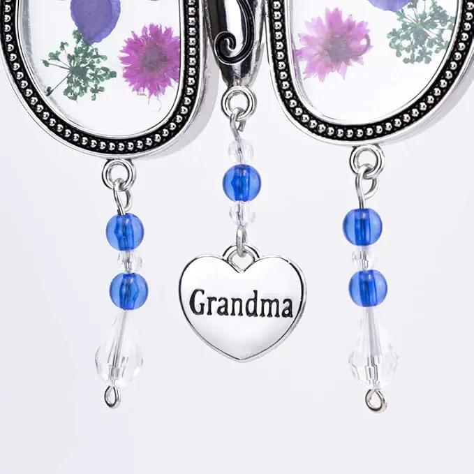 Laraine Butterfly Suncatcher with Pressed Colourful Flower Wings Mom Mother's Day Butterfly Glass Wind Chime Ornament Charm with Metal Heart Gifts for Mom Grandma Birthday (Purple Grandma) by GreenHaven Gardens