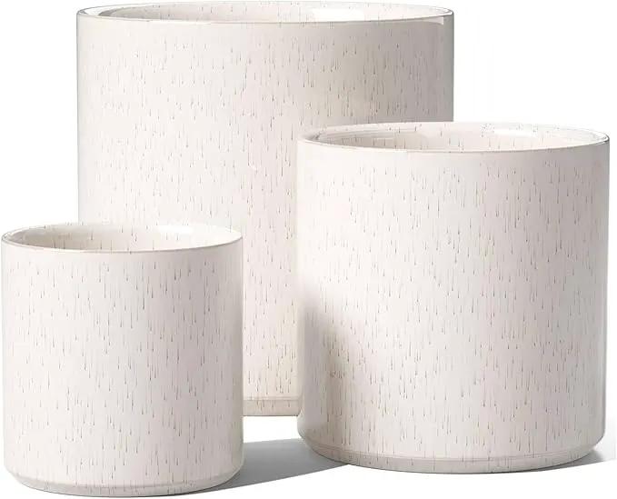 LE TAUCI Ceramic Plant Pots Indoor, 10+8+6 Inch Planters for Indoor Plants, Mid-Century Modern Flower Pots with Drainage Hole and Plug, Cylinder Round Planters, Set of 3, Reactive Glaze Beige by GreenHaven Gardens