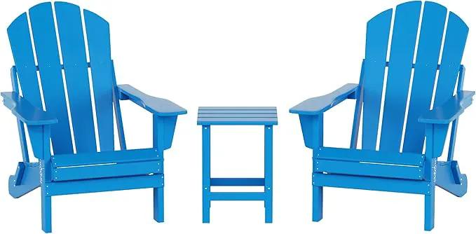 WO Home Furniture Adirondack Chairs Table Set of 3 PCS Outdoor Folding Chairs Side End Table Weather/UV Resistant for Lawn, Garden, Bon Fire, Balcony (Pacific Blue) by GreenHaven Gardens