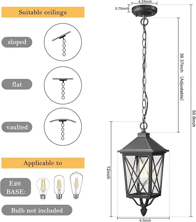 Darkaway Outdoor Pendant Light Fixture, Outdoor Hanging Porch Light with Seeded Glass, Anti-Rust Waterproof Aluminum E26 Socket Lighting for Porch Entryway Doorway by GreenHaven Gardens