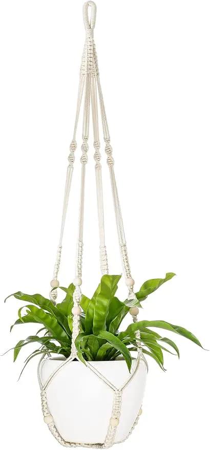 Mkono 43 Inch Macrame Plant Hanger Large for up to 12 Inch Pot Extra Long Hanging Plant Holder No Tassels Hanging Planter Basket with Wood Beads for Indoor Outdoor Boho Home Decor, Ivory by GreenHaven Gardens