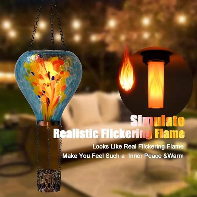Hot Air Balloon Solar Lantern - Stained Glass Lantern with Simulated Flickering Flame, Outdoor Hanging Yard Light Waterproof IP65 & Weather Resistant for Garden Patio Lawn Porch Decor Gfit by GreenHaven Gardens