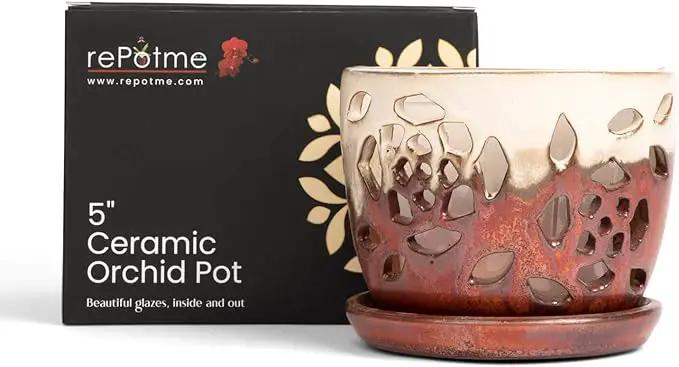 rePotme Orchid Pot - 5 inch Floral Cutout Ceramic Orchid Pot with Holes (Honey Cream Over Copper) - Includes 5 inch Slotted Pot Liner by GreenHaven Gardens