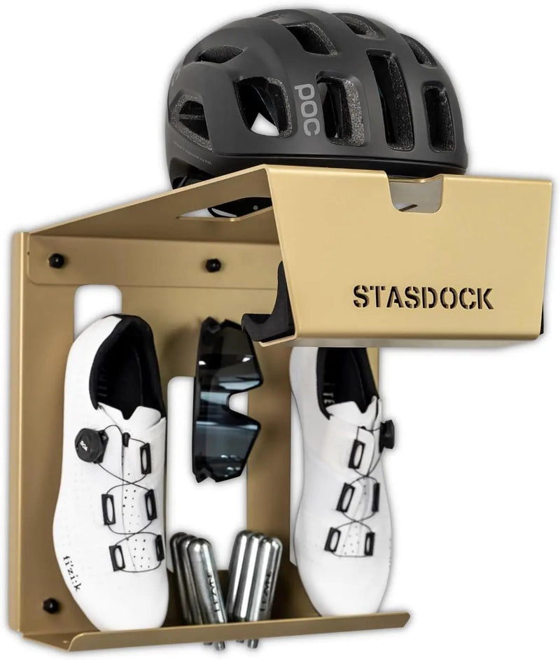 Wall Bike Rack | Bike Storage Wall Mount System | For Race Bicycles (New Gold) and Mountain Bikes | Bike Shelf | Indoor bike wall bracket | Store your helmet and shoes | Home and Garage by GreenHaven Gardens