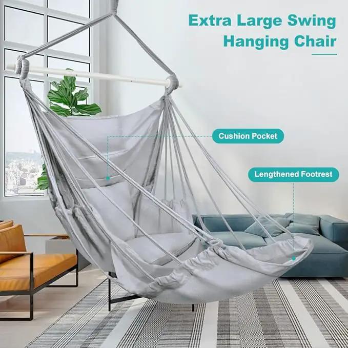 Outerman Hammock Chair, Hanging Chair with 3 Cushions and Foot Rest Support, Sturdy Metal Spreader Bar Max 440 Lbs, Swing Chair for Bedroom, Indoor & Outdoor, Patio, Porch or Tree（Gray） by GreenHaven Gardens