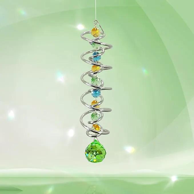 FONMY Gazing Ball Spiral Tail -Decorative Wind Spinner Sun Catcher Rainbow Maker Double-Spiral W/Green Crystal Ball and Chain Crystals for Indoor Outdoor Garden Decoration -14 inch Height by GreenHaven Gardens