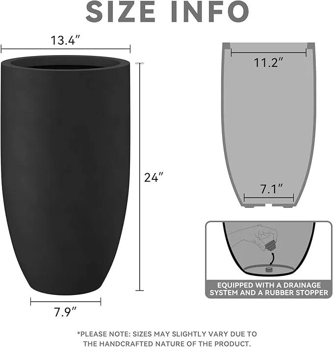 Kante 24 Inch Tall Round Concrete Planter, Large Indoor Outdoor Plant Pots with Drainage Hole and Rubber Plug, Modern Decorative Garden Pots for Home Patio Porch, Black by GreenHaven Gardens