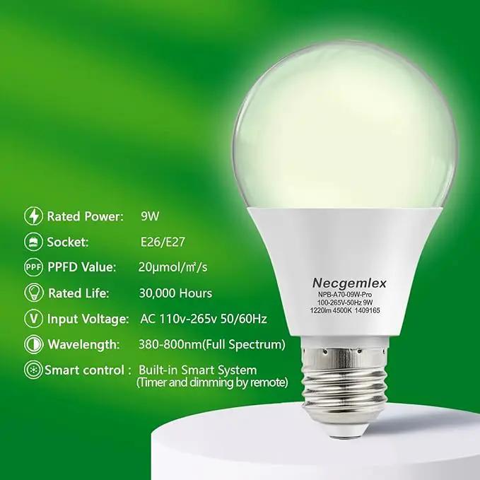 Smart LED Grow Light Bulbs with Remote Controller, Sun Simulation Mode, Built-in Auto Timer, A21/A70 E26/E27 9W Dimmable Full Spectrum Intelligent Plant Grow Bulbs for Indoor Plants, 6 Pack by GreenHaven Gardens