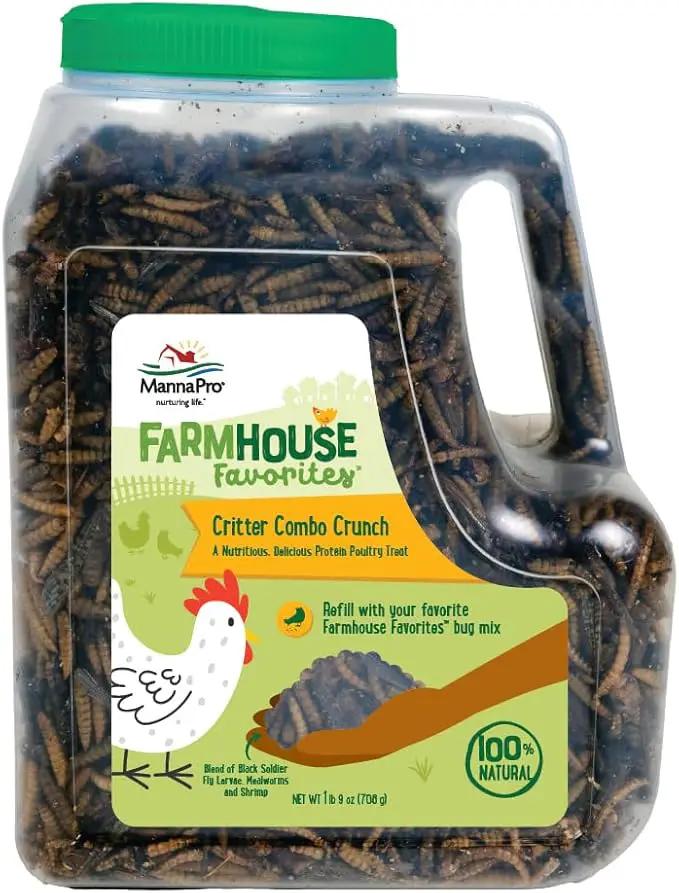 Manna Pro Farmhouse Favorites Critter Combo Crunch Bug Jug – Engaging Poultry Treat – Blend of Black Solider Fly Larvae, Mealworms & Shrimp – Great Source of Protein – Encourages Foraging – 25oz by GreenHaven Gardens