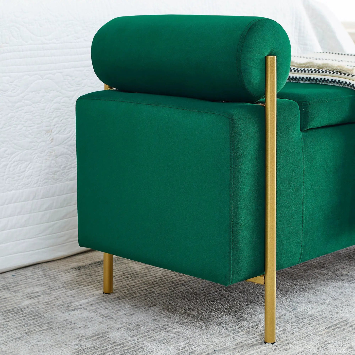 Elegant Upholstered Storage Bench With Cylindrical Arms And Iron Legs, by HouseOfZazla