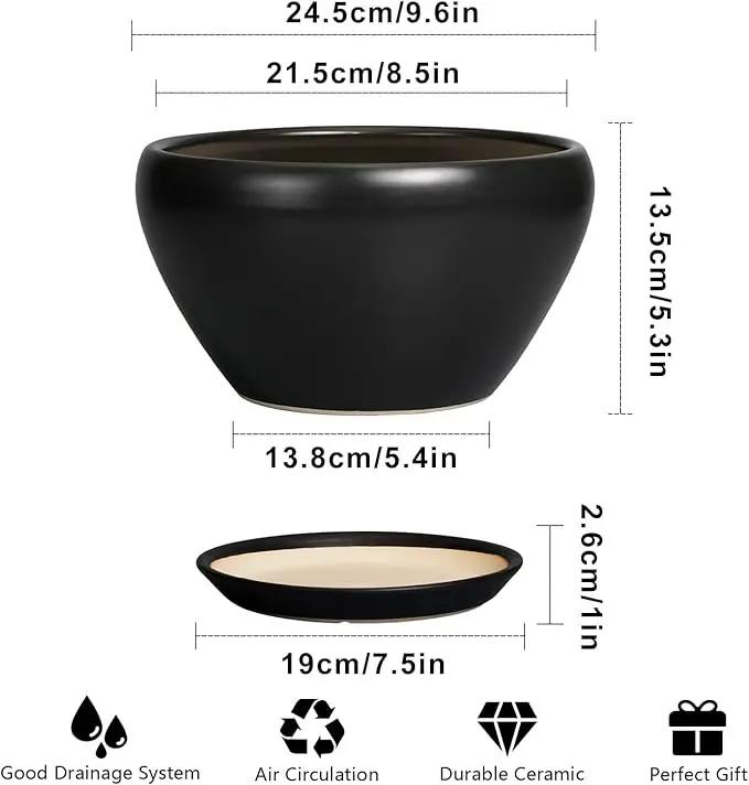 Plant Pot Large 9 Inch - Ceramic Pots for Plants with Drainage Hole and Saucer Round Planter for Indoor Plants Decorative Outdoor Flower Pot Large for House Balcony Black by GreenHaven Gardens