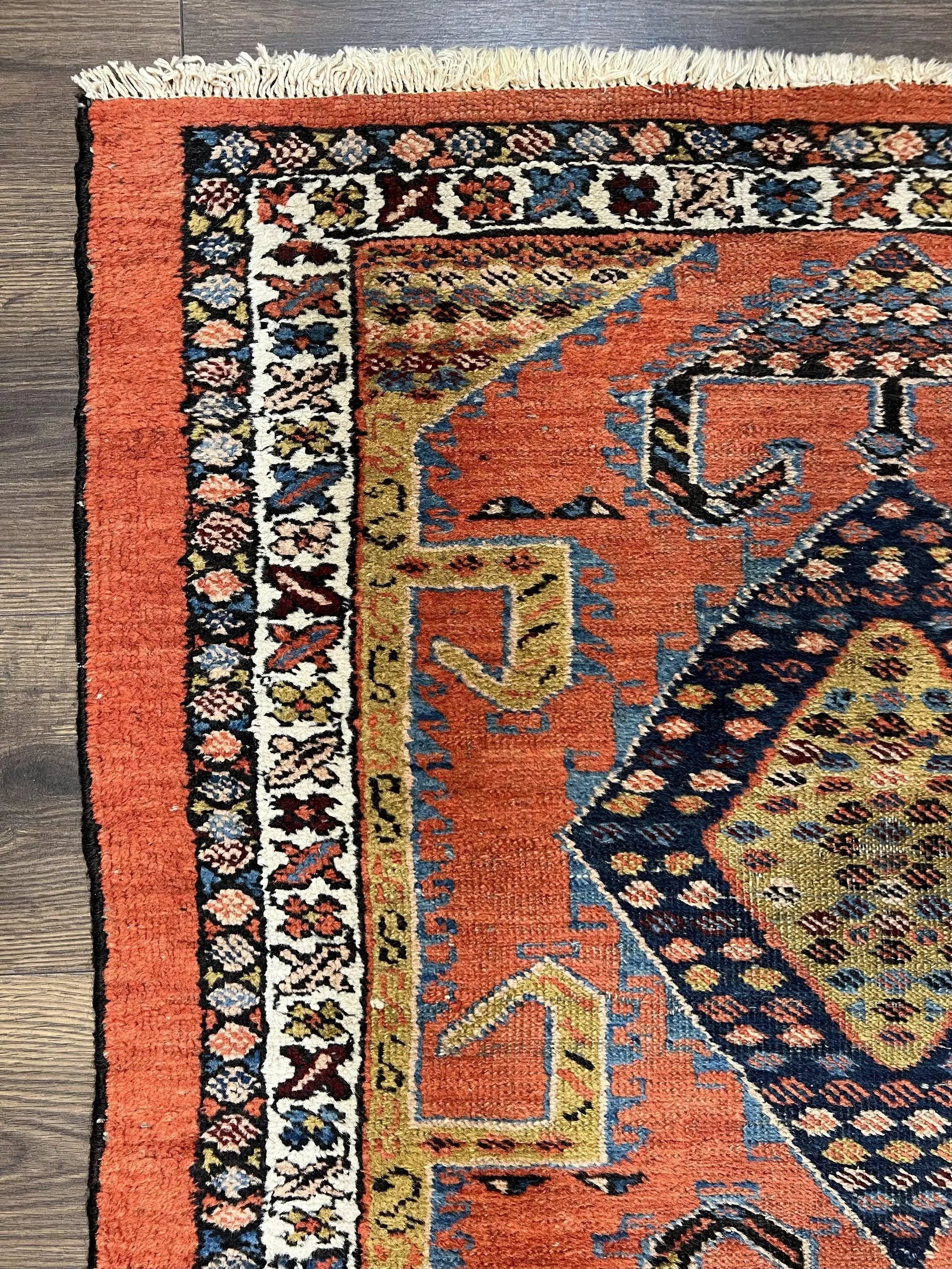 Rare Persian Tribal Runner Rug 3 x 11, Sarab Serab Persian Runner, Antique 1920s Collectible Geometric Medallions Oriental Wool Runner, Hand Knotted, Bright Orange-Red by Jewel Rugs