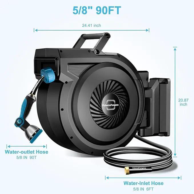 Retractable Garden Hose Reel - 5/8 inch x 70 ft Wall Mounted Hose Reel with 10 Pattern Nozzle & Any Length Lock, Heavy Duty Water Hose Supports Automatic Rewind & 180° Swivel, Black by GreenHaven Gardens