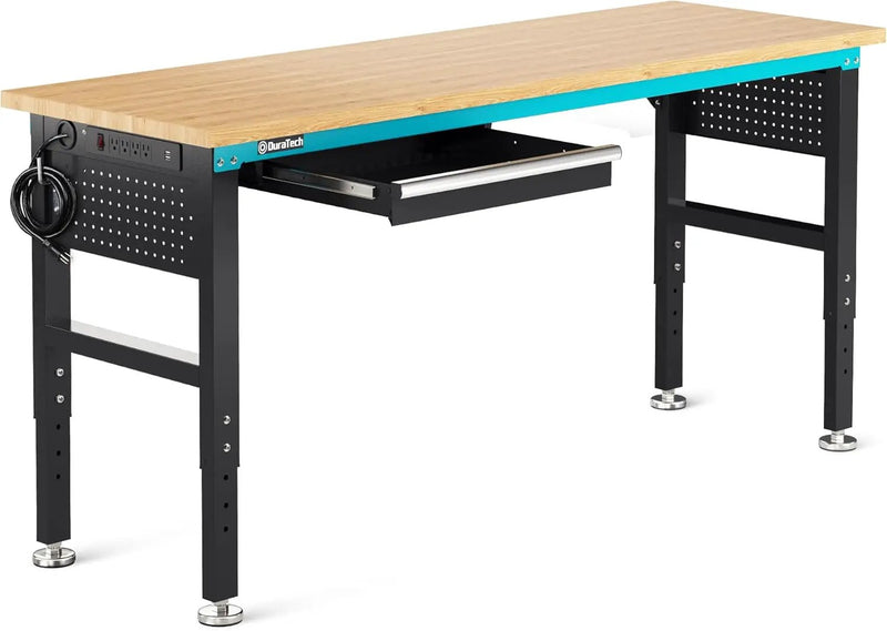 DURATECH 72” Adjustable Workbench, Heavy-Duty Rubber Wooden Top Worktable with a Drawer, 6ft Workstation with Power Strip, Peg Board, 2000 LBS Load Capacity for Workshop Garage Office Home by GreenHaven Gardens